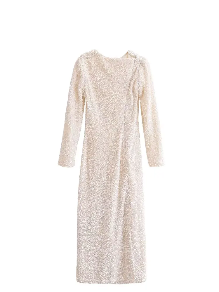 HH Autumn Party Dress Woman 2024 Trendy Solid O-Neck Long Sleeve Sequins Decorate Zipper Female High Street Long Dresses - Image 4