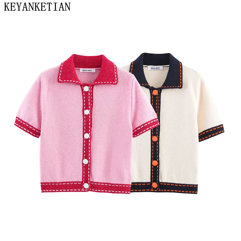 

KEYANKETIAN Autumn New Women's Clothing Contrasting Collar With Visible Thread Decoration Short Sleeved Knitted Cardigan Women