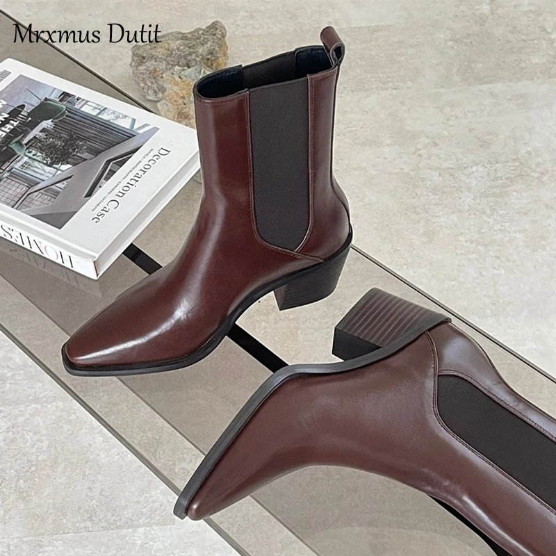 Mrxmus Dutit 2024 Autumn Winter New Women Genuine Leather Pointed Toe Rough Heel Fashion Boots Solid Simple Shoes Female Chic