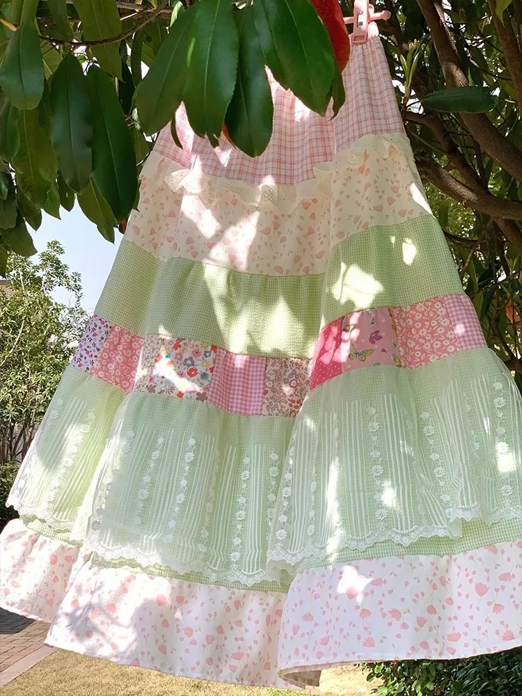 Gonna estiva da ragazza con volant patchwork vintage Gonna a vita alta con stampa floreale Gonna unica f-lunghezza Sle per adolescenti
