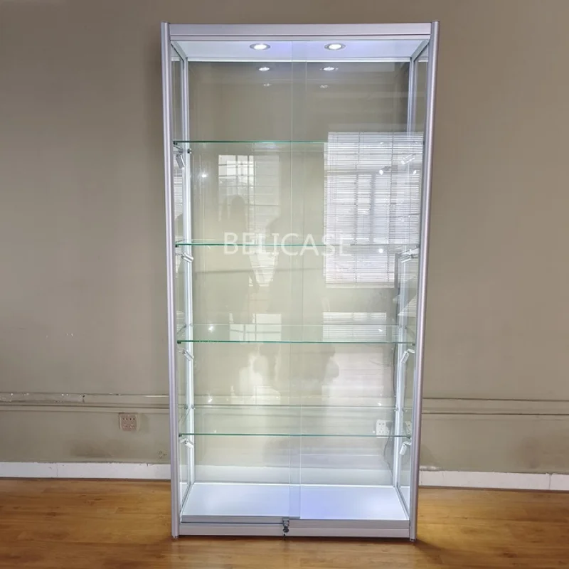 Custom. high quality aluminum frame glass wall showcase lockable slidingdesign glass display showcase with LED light