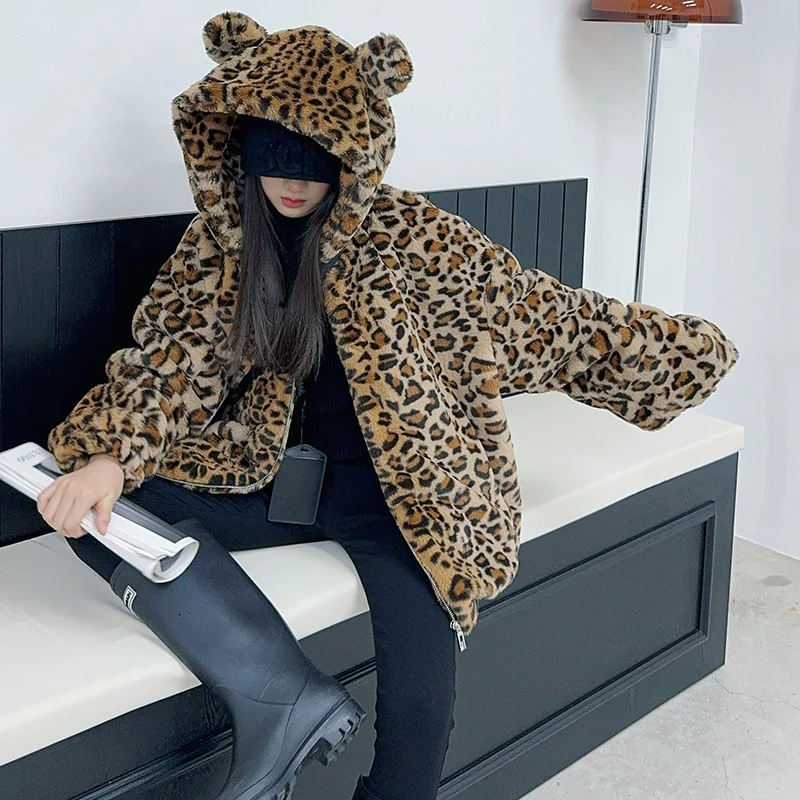 Abrigo de piel de leopardo a la moda para chicas jóvenes con capucha, chaquetas con capucha de piel de lana para niños, ropa de calle para niños, prendas de vestir exteriores para adolescentes