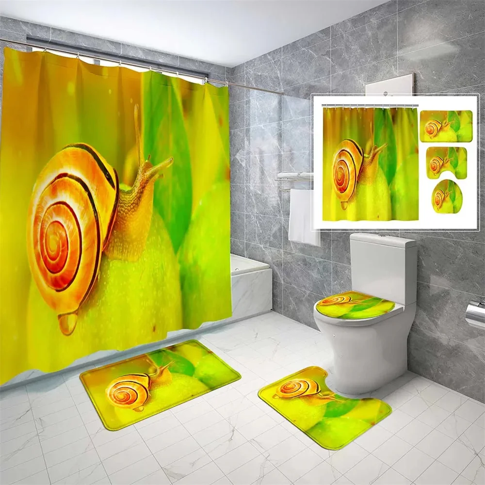 

snail shower curtain set Green Jungle Snail bathroom Waterproof shower curtain non-slip bath mat Toilet cover Bathrom Decoration