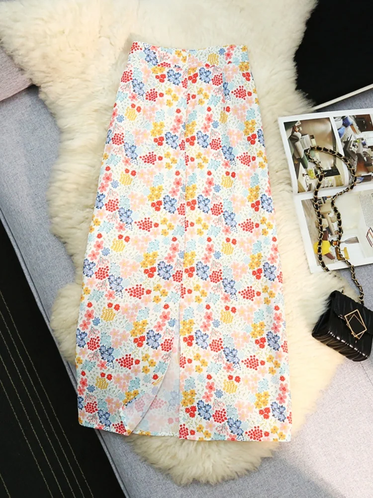 SMTHMA Korean Retro Floral Midi Skirts for Women 2025 New Spring Summer Elegant High Waist Casual Mid Length Women's Skirts