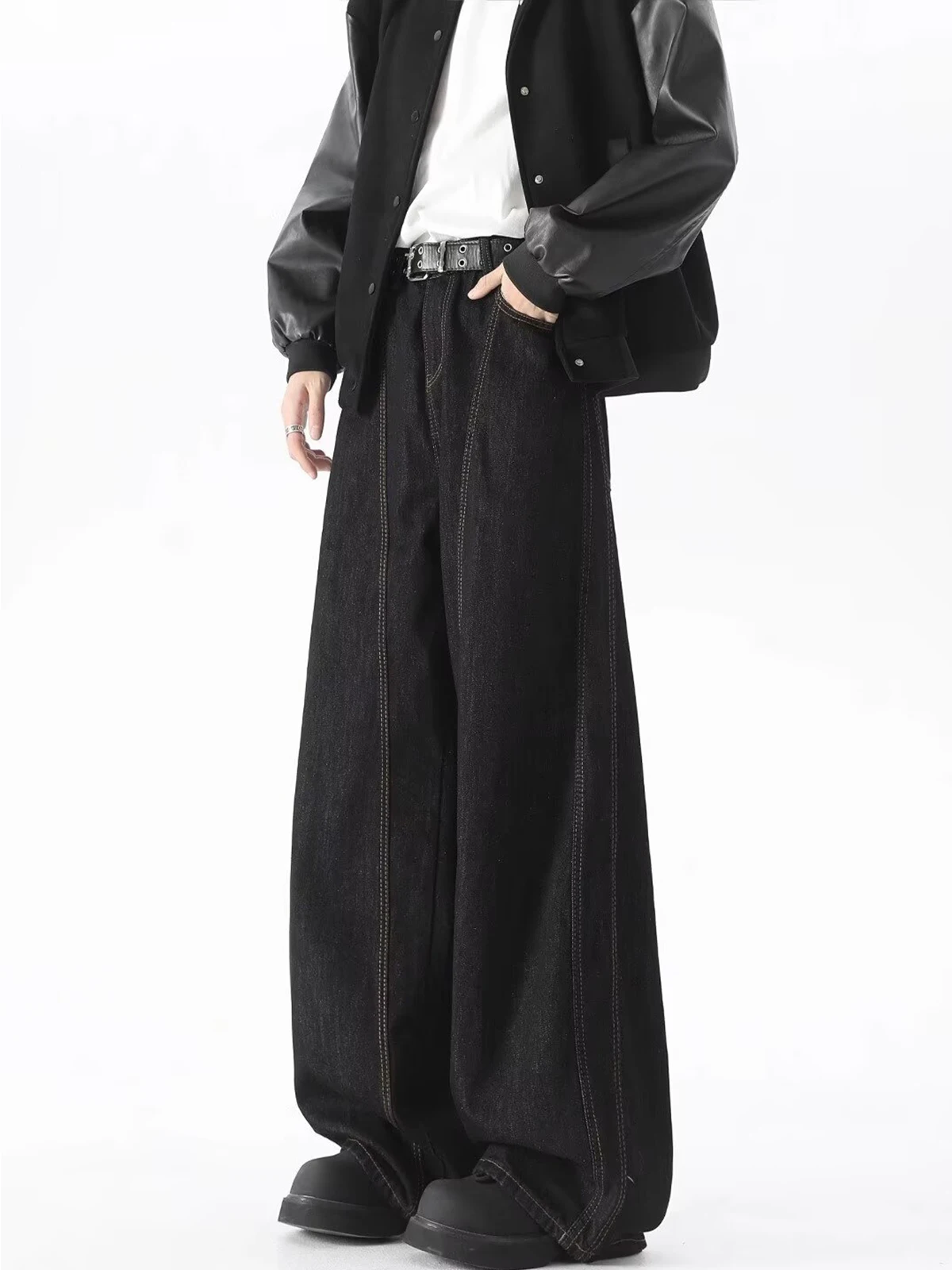 الأمريكية Sle خمر فضفاض عادية واسعة الساق مستقيم قطع طويل الجينز الرجال ربيع الخريف العصرية العلامة التجارية سكين الجينز