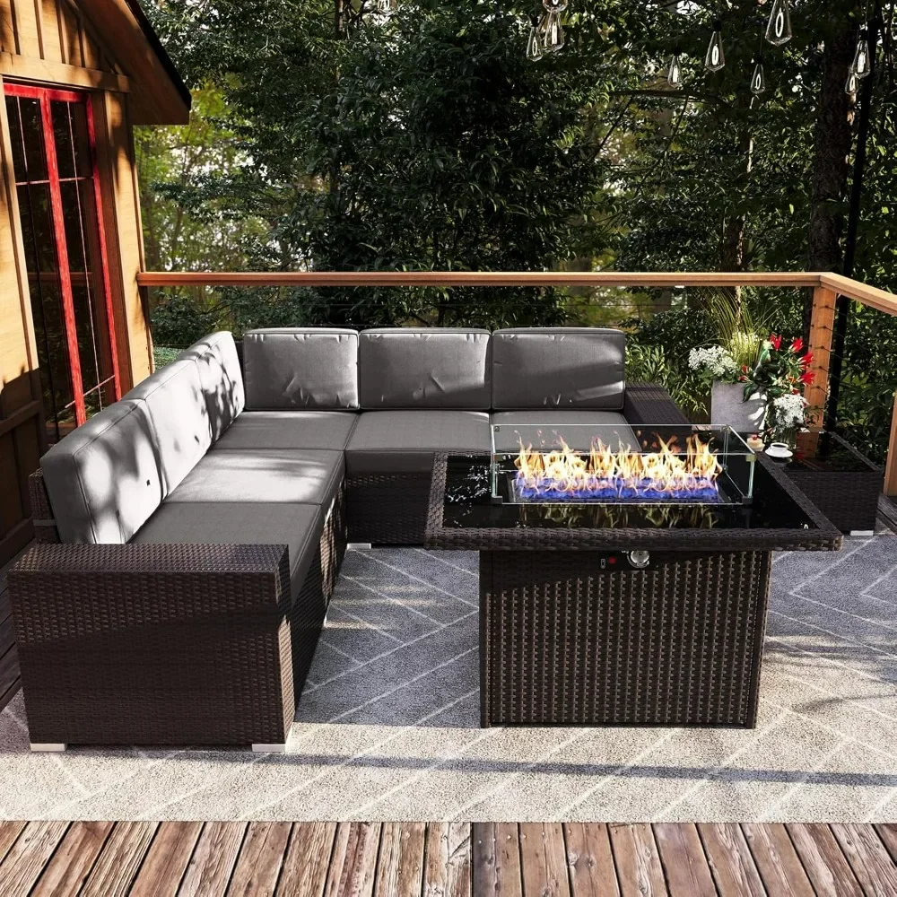 

Patio Furniture Set with Propane Gas Fire Pit Table, Outdoor Sectional Wicker Conversation Sofa Sets