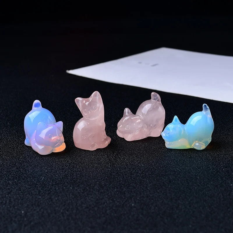 Natural Rose Quartz Rough Stone Carved Kitten Ornament Cat Desktop Decoration Home Decor