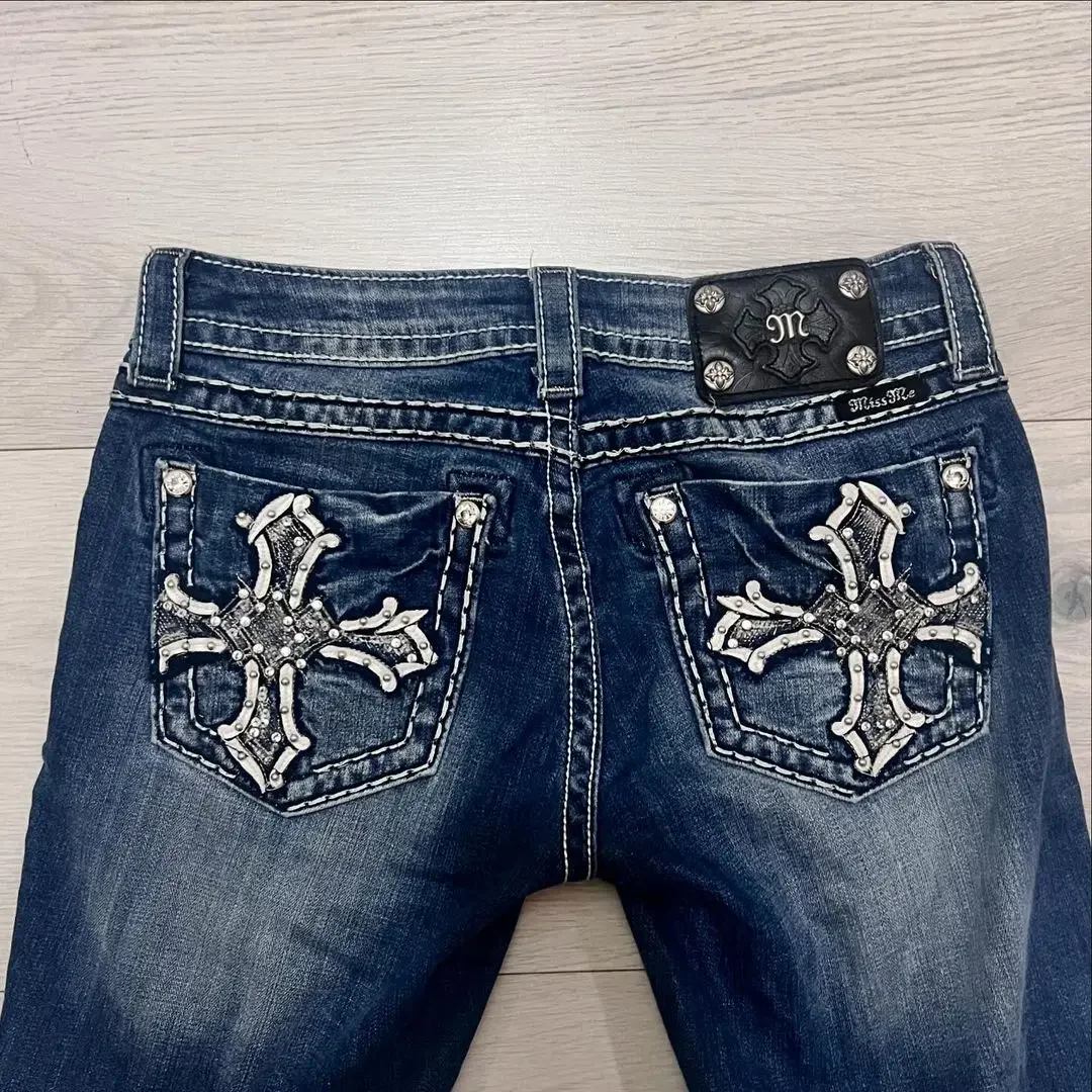 Y2k celana Jeans bordir Harajuku wanita, celana Denim santai jalanan Hip Hop bordir modis pinggang tinggi kaki lurus