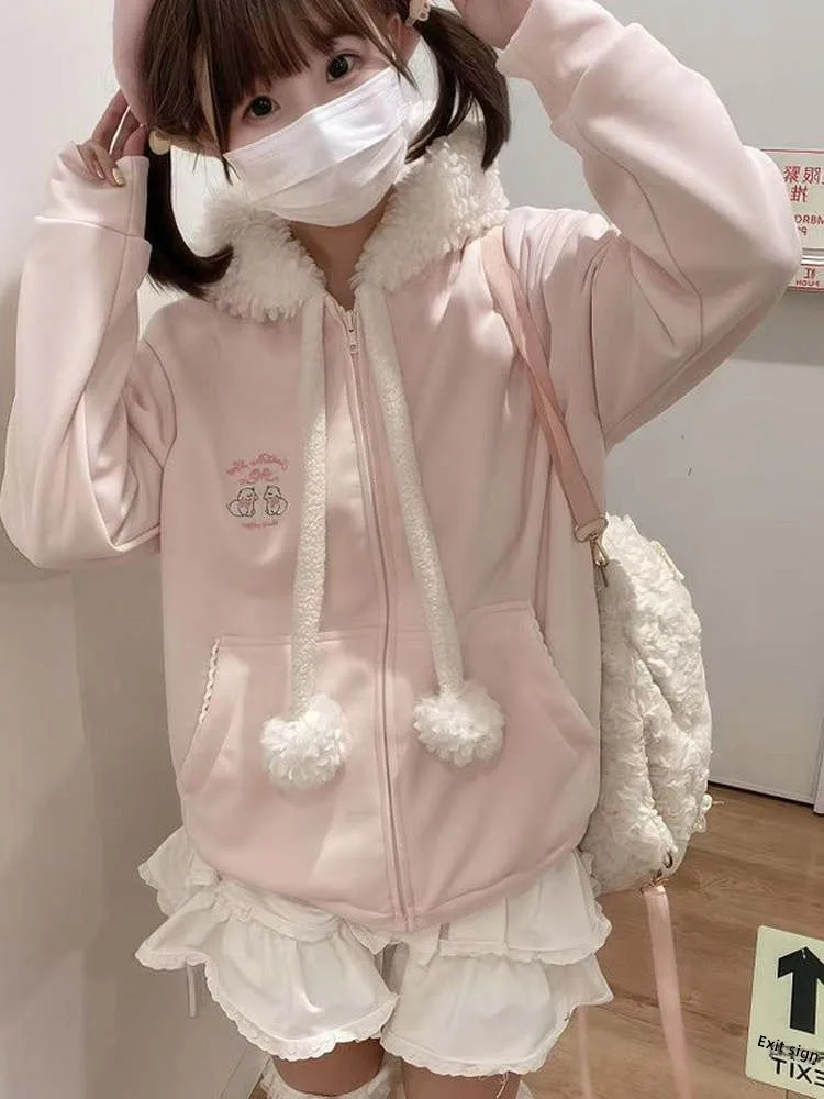 

Милый плюшевый худи-свитшот женский, утепленный, свободный, осенне-зимний, для повседневной носки, с длинным рукавом, на молнии, с мультяшным принтом