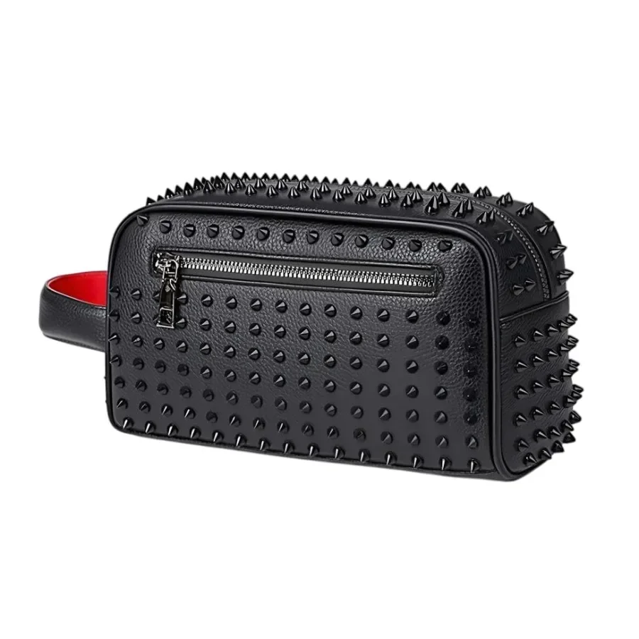 

Punk Rock Studded Clutch Bag, Black Faux Leather with Metal Spike Design, 9.1x5.1x3.9 Inches, Zippered Compartments, Urban Fash