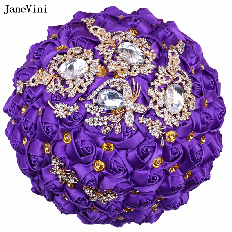 

JaneVini Charming Purple Flowers Bridal Bouquets Bling Gold Crystal Artificial Satin Roses Wedding Brooch Bouquet Ramis De Novia