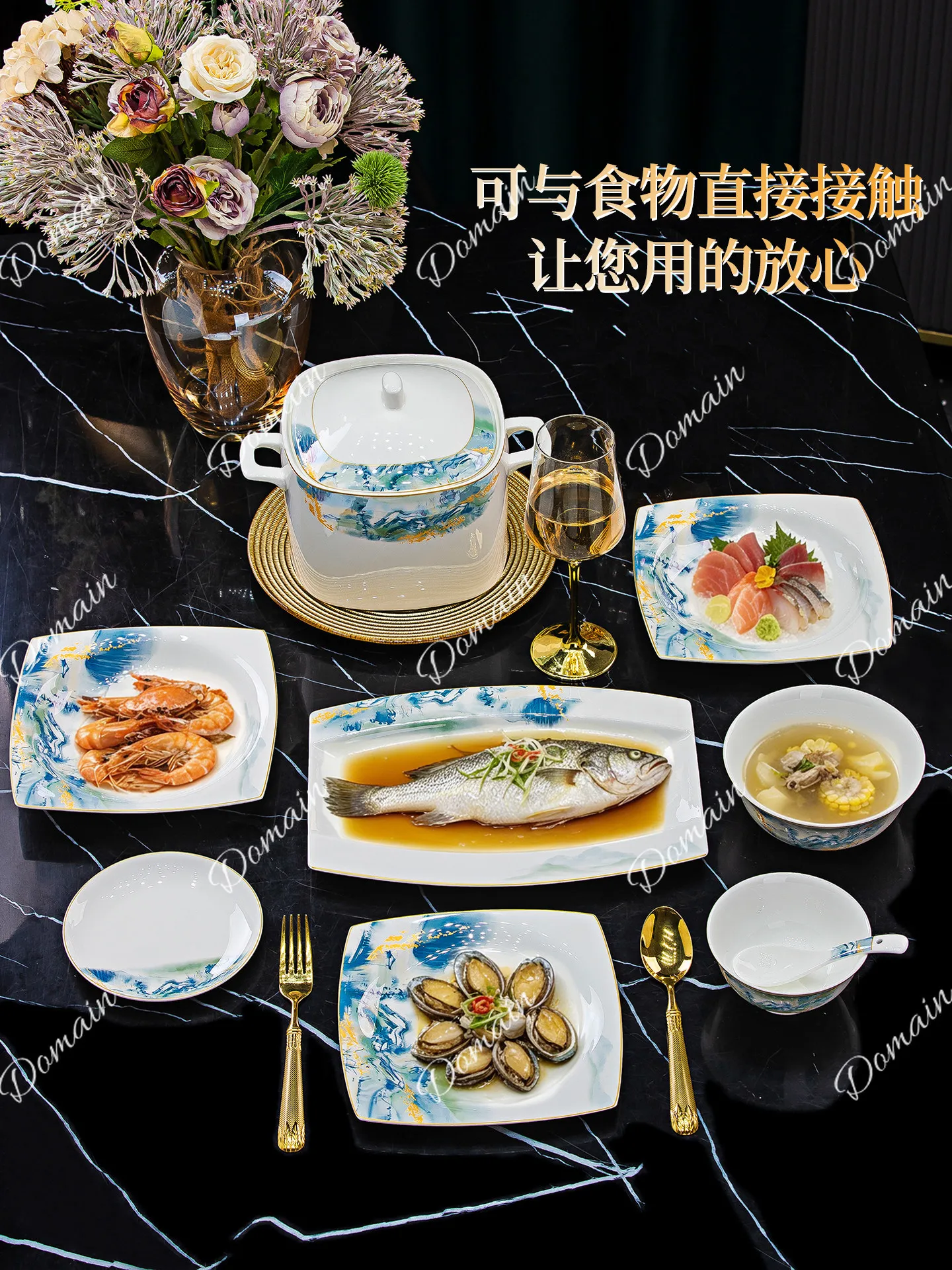 Bowl household new Jingdezhen light luxury bone china tableware set Dish set Household housewarming new home bowl