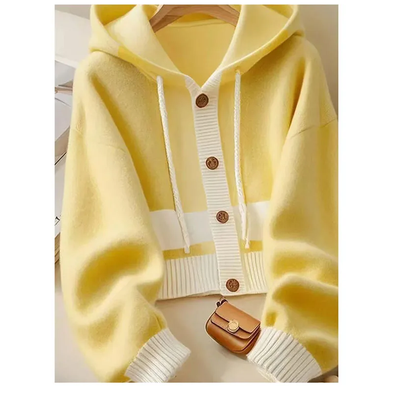 Kardigan Rajutan Musim Gugur Musim Dingin Sweter Bertudung Jahitan Kuning Putih Longgar Wanita Sweter Rajutan Cocok untuk Semua Kasual Longgar Wanita
