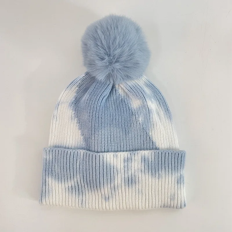 

Tie-dye Knitted Beanie Pompon Design Gradient Colors Unisex Adult Couple Hat Autumn Winter Warm Fashion