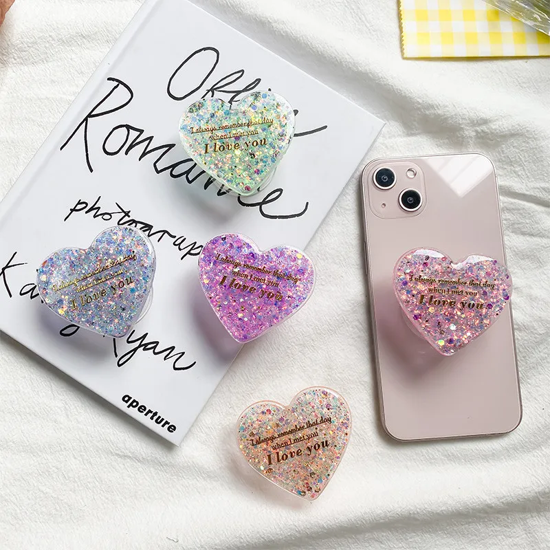 

Love Heart Glitter Words Mobile Phone Holder Griptok Support For iPhone 15 Bracket Expanding Stand Holder Phone Accessories