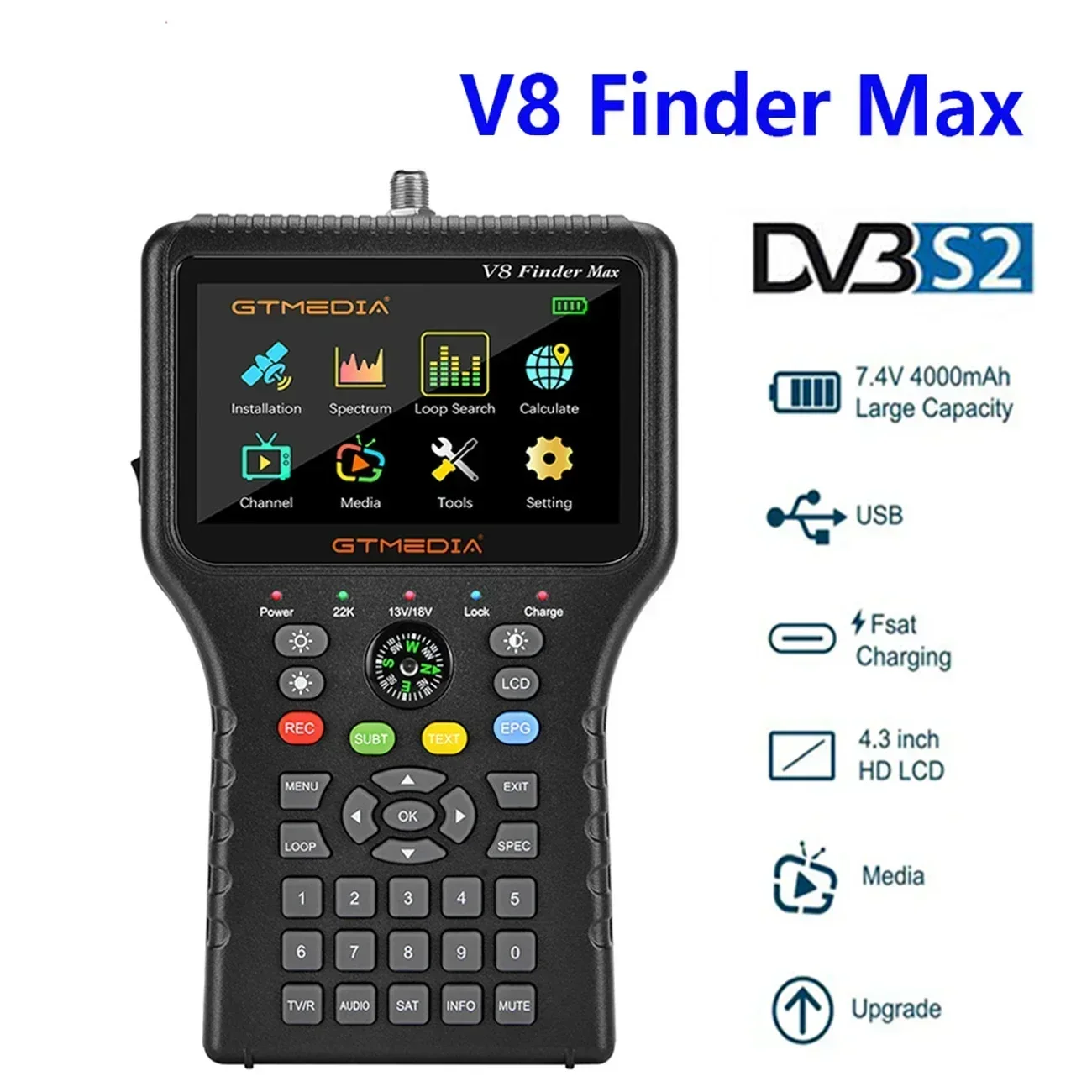 

V8 Finder Max Satellite TV Signal Finder DVB-S/S2/S2X H.264/H.265 (8 bit) Satellite Finder Meter 4.3 inch LCD Gtmedia TV tuners