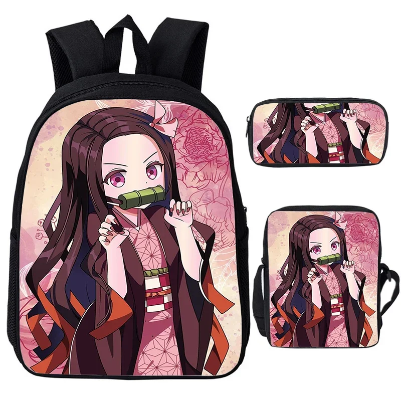 Demon Slayer Kamado Nezuko Mochila para Meninos e Meninas, Cosplay Rucksack, Estudantes Anime Bookbag, Kimetsu No Yaiba Mochilas Escolares, 3 Pcs Set