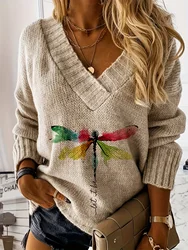 Dragonfly Pattern V Neck Pullover Sweater  Casual Long Sleeve Sweater For Fall & Winter  Women's Clothing