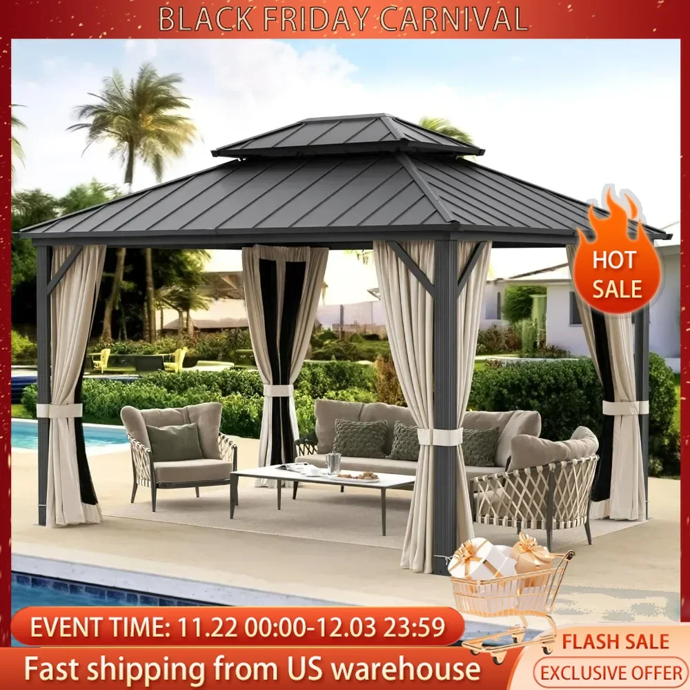 Outdoor Metal Gazebo Canopy,10x12  Galvanized Steel Double Roof Gazebo Pavilion with Aluminum Frame, with Nettings & Curtains