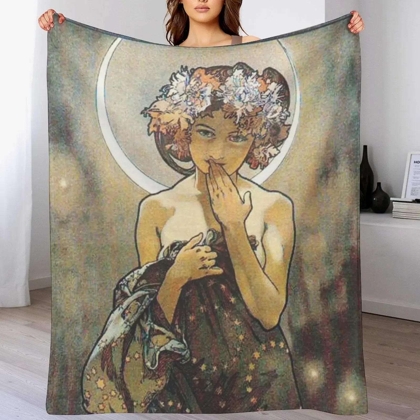 HD. The Moon and the Stars, (number 1 from serie of 4) by Alphonse Mucha (1902) HIGH DEFINITION Throw Blanket