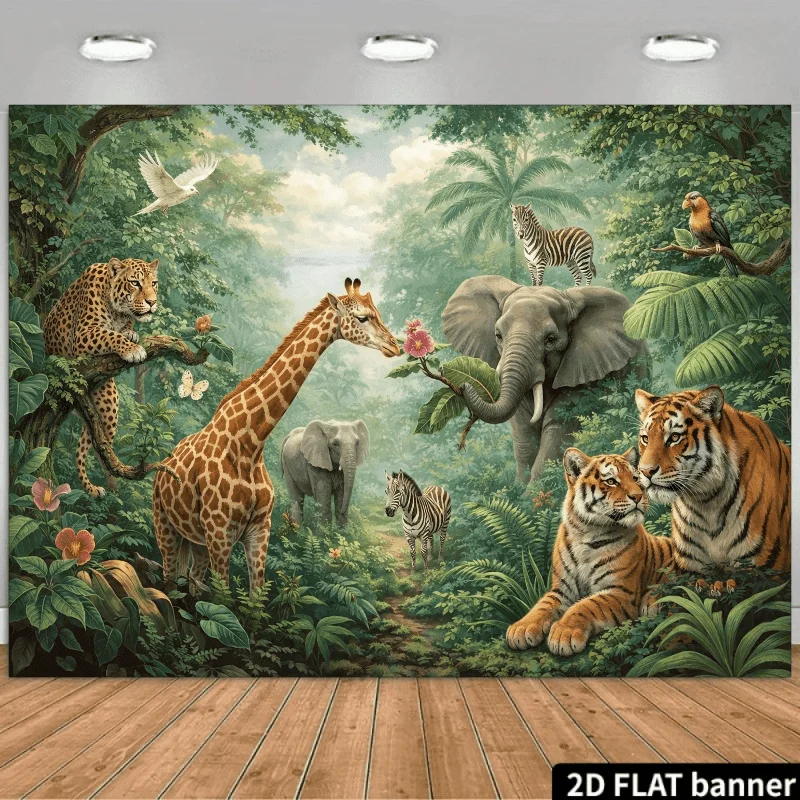 Fondo de tela con imagen de grupo de animales de la selva tropical en plano 2D - escena de coexistencia de leones, tigres, elefantes, jirafas y leopardos