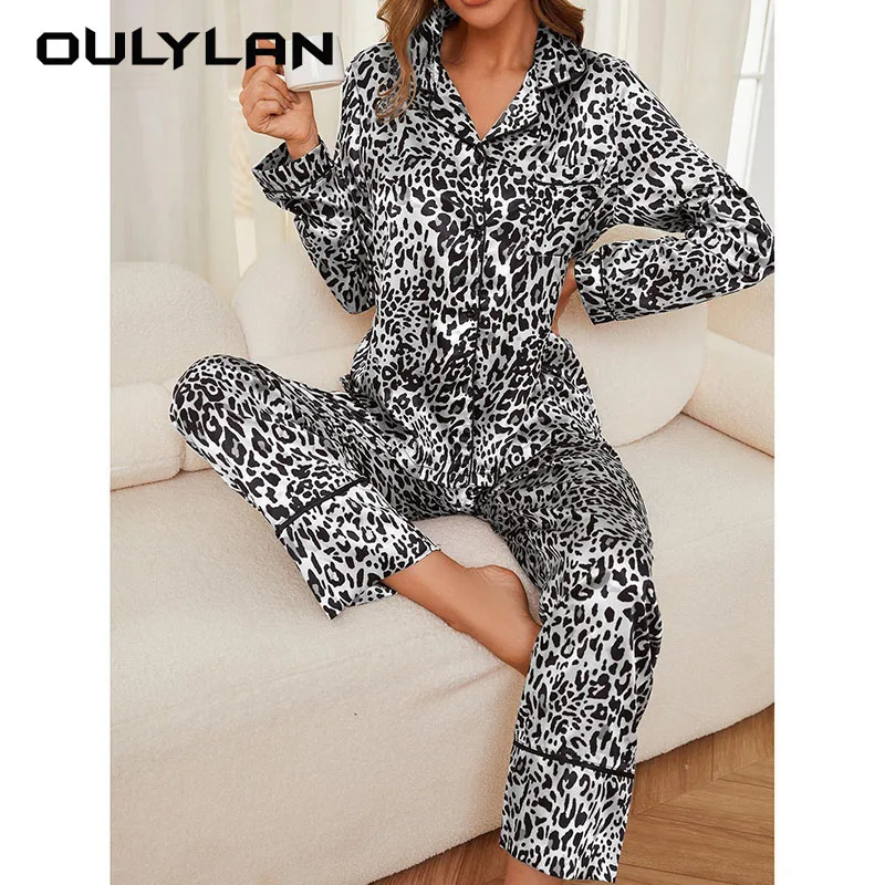 Leopard Print Long Sleeve Trousers Home wear Suit For Women's Sleepwear Lapel Nightwear Long Sleeved PantsHome Wear Set