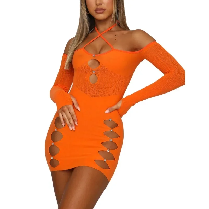 Women's Sexy Mesh Dress Cover Up Midi Long Sleeved Hanging Collar Street Party Spring and Autumn New Casual Wrap Cut Dress YDL48