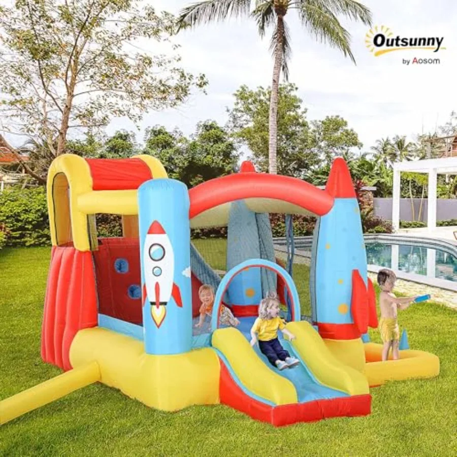 Casa de salto infantil, castelo de salto inflável com corrediça de água 4 em 1 com 2 slides, parede de escalada, trampolim e piscina de água A