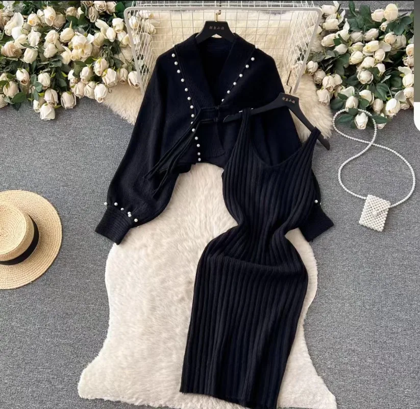 New High End Autumn Winter Fashion Dress Sets Women Knitted Vintage Casual Loose Shawl Coat + Sexy Sling Dresses Christmas Suit