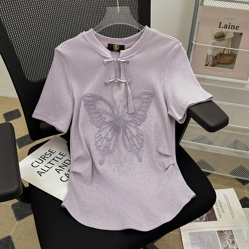 Chinese Style Geometric Crop Tops Women T-shirt Loose Short Sleeve Basic Summer Clothes Embroidery Tops Woman O-neck Cotton Tees