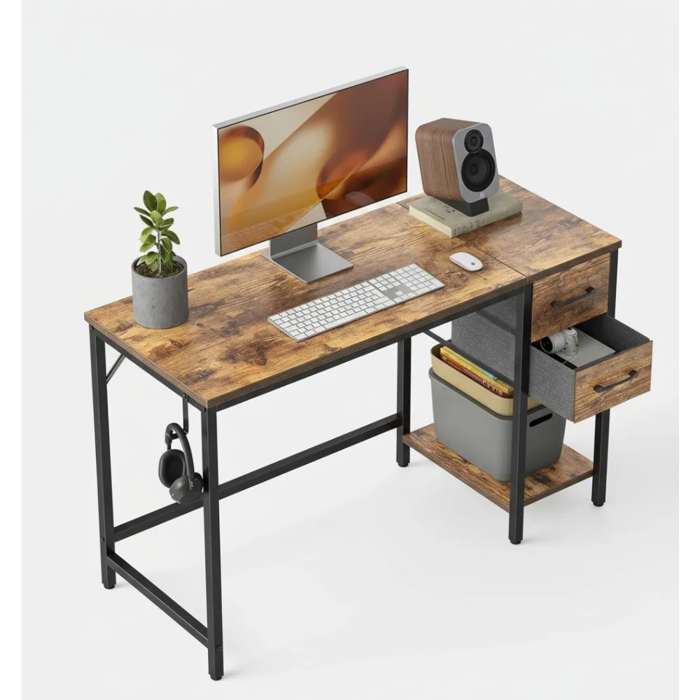 

40 Inch Modern Computer Desk with 2 Drawers, Small Writing Table for Home Office Study Gaming, Rustic Brown
