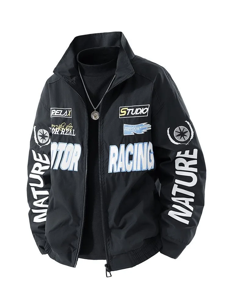 Men Racing Jacket Stand Collar Zip‑up Windbreaker Coat Loose Oversized Letter Print Streetwear Male Hip Hop Bomber Outerwear