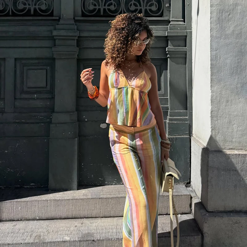 Gestreifte V-Ausschnitt Rückenfreie Crop-Tops und Hosen-Sets für Damen, Sexy Ärmelloses Schnür-Top, Midi-Taille, Weite Hosen, Schicke Damen-Outfits – Detail 15