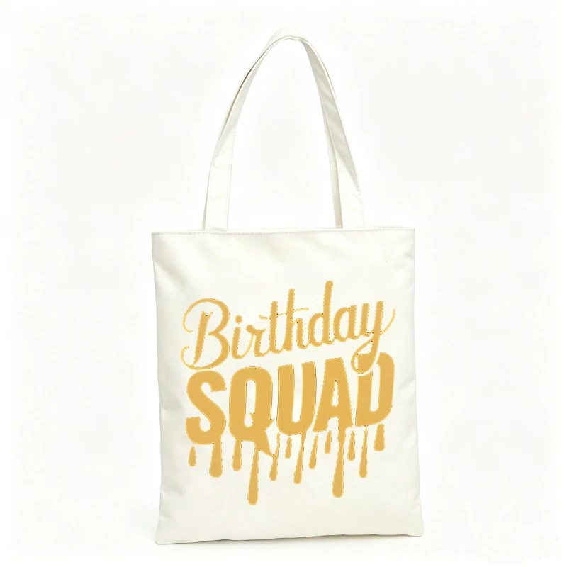 Women's canvas tote bag with birthday squad typography print, ideal for casual gatherings and celebration outings