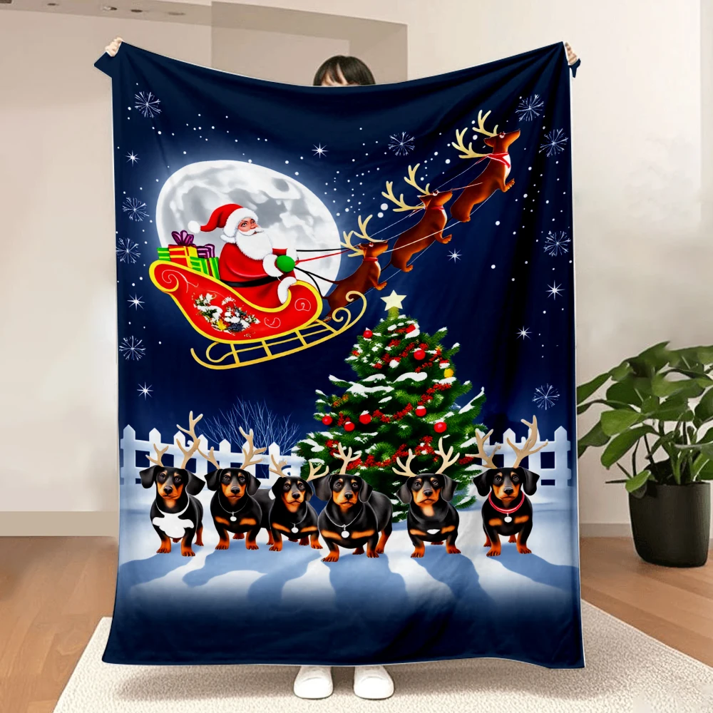 1PC Santa and Chinese sausage Reindeer Print Blanket-Made of soft, fluffy flannel, perfect for a sofa, bed or lounge chair. Idea