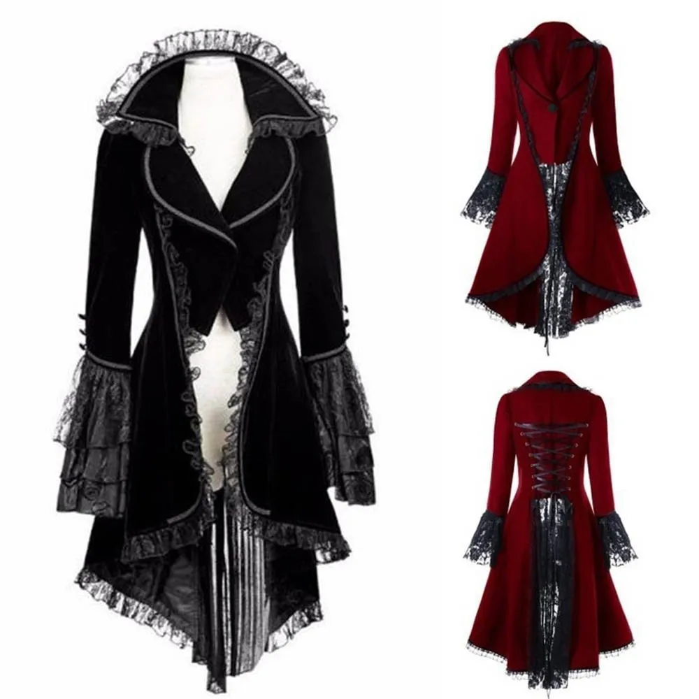 Women Lace Trim Coat Black Steampunk Victorian Style Gothic Jacket Medieval Noble Court Dress Plus Size 1PC Coat