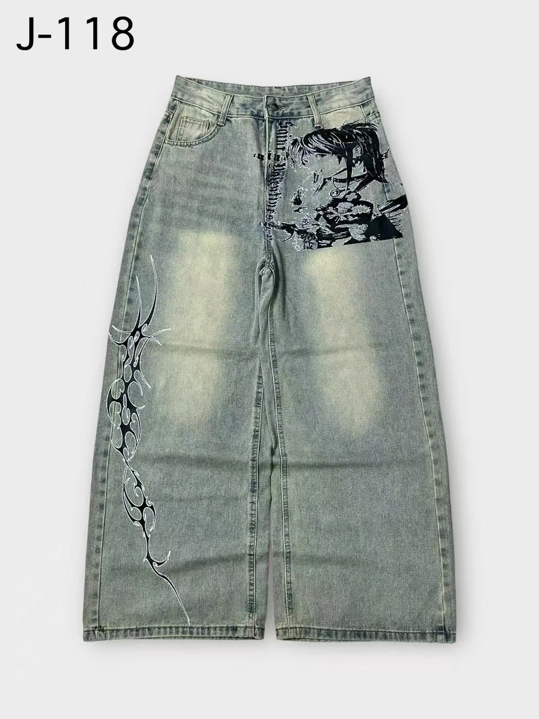Y2K Dark Gothic Death Print Baggy Jeans Unisex Streetwear Wide Leg Denim Pants Harajuku Hip Hop Loose Fit view 5