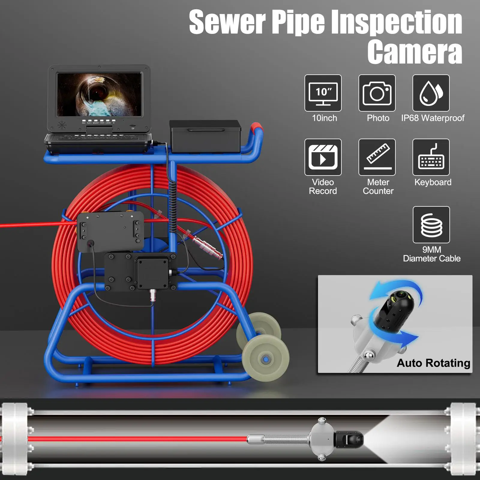 512 هرتز الارسال محدد كاميرا الصرف الصحي 50/80/100 متر 360 ° كاميرا فحص الأنابيب كابل IPS 10 بوصة عدد 9 مم مع لوحة مفاتيح #1