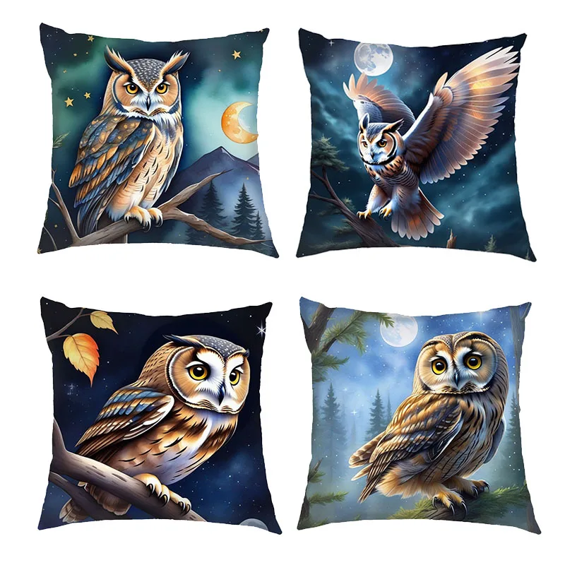 Cartoon Owl Illustration Cushion Covers Owl Painting Pillowcase Throw Pillow Cover Office Bedroom Living Room Home Decorations