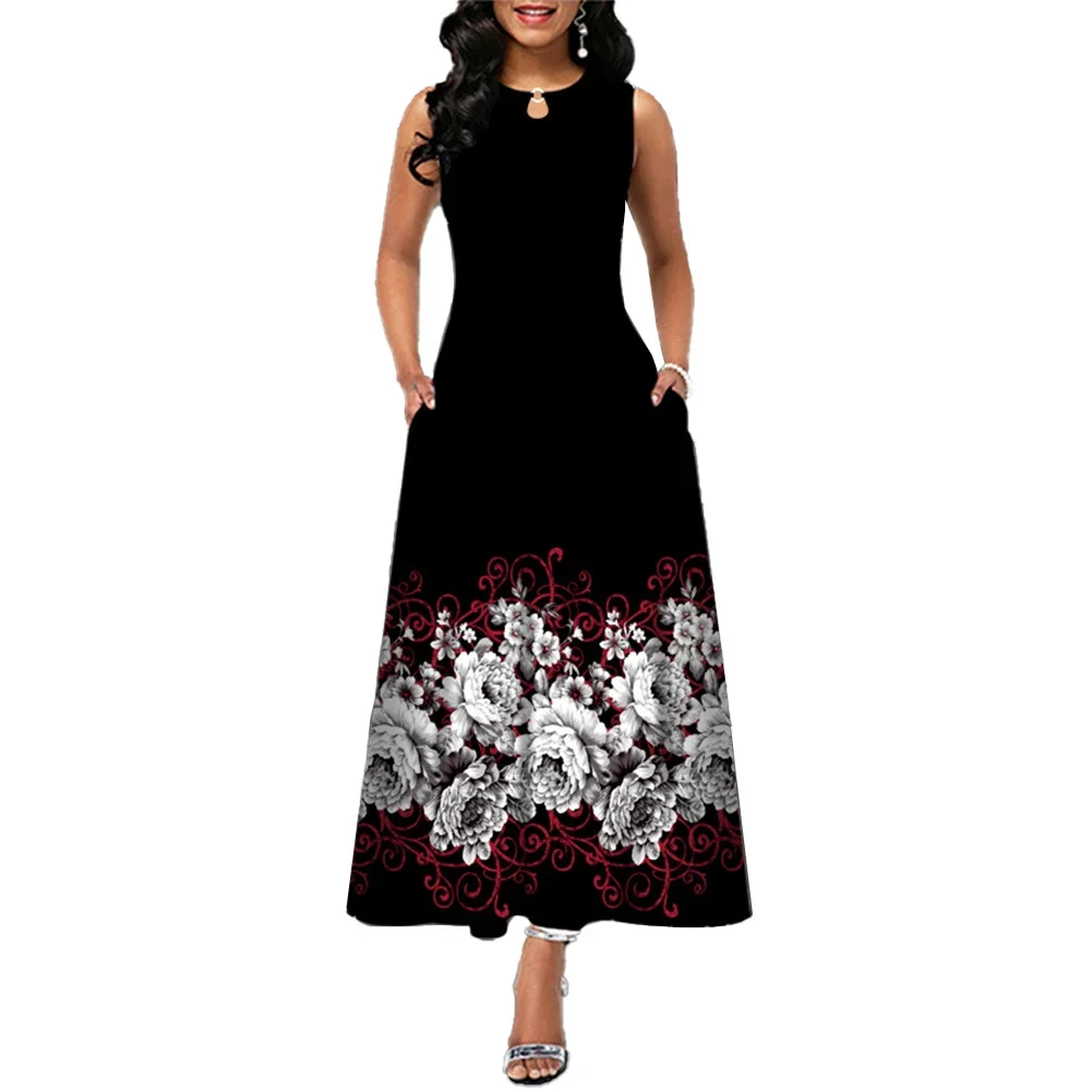 Women Beach Bohemia Dresses Ladies Elegant Sleeveless Casual Floral Print Party Maxi Dress O-Neck Fashion New