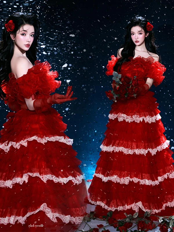 Red Vintage Wedding Dress with Lace One Shoulder Multi-Layer Cake Skirt Romantique Studio Photography Costume New 2026