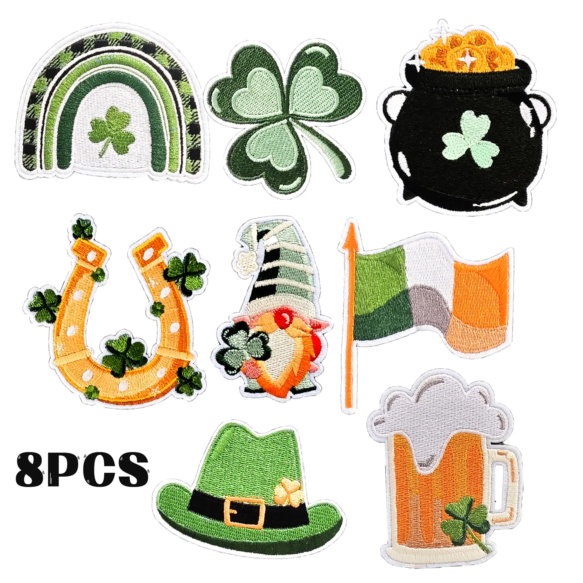 8PCS Ireland Clover Patch Shamrock Iron on Embroidered Patches Three-Leaf Clover Ireland Flag Applique