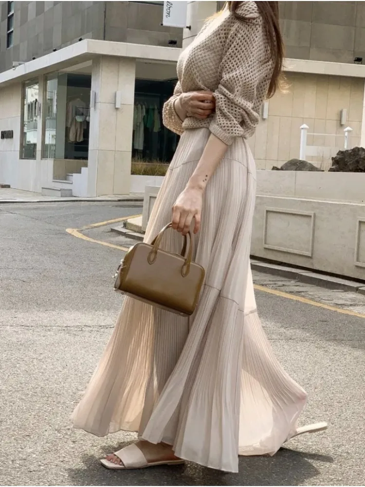 Women's Summer Long Chiffon Pleated Cake Skirt Elastic High Waist A-line Basics Maxi Skirts Female 2025 Korea Style