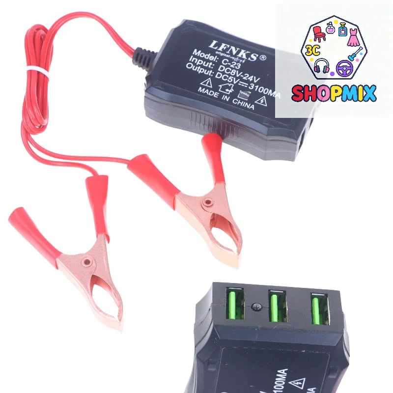 1Pcs 12V 24V To 5V 3USB Port Power Adapter With Battery Clip For Charging Cell Phone Emergency USB Power High Efficiency