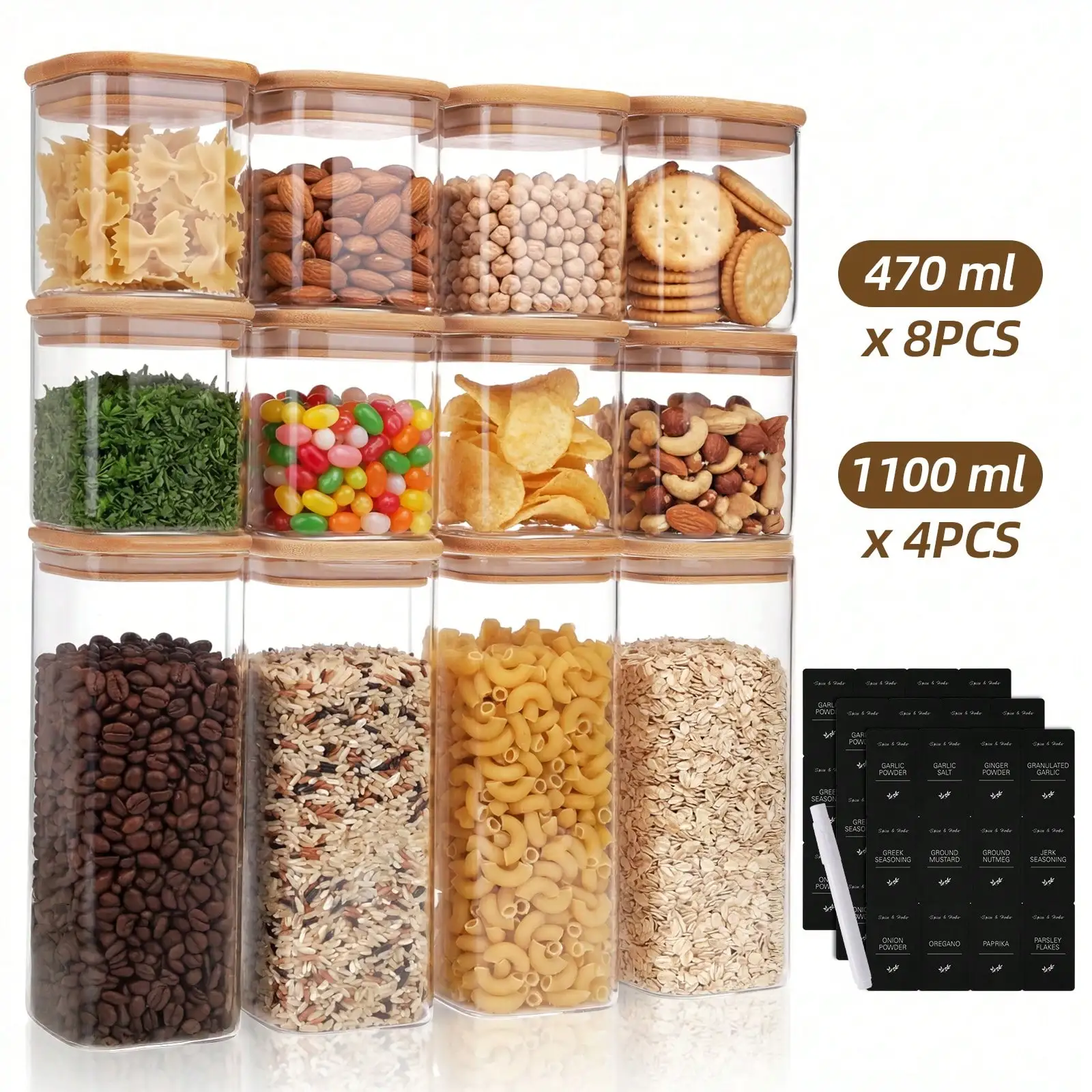Glass Food Storage Containers With Lid, 12-Piece Set in 2 Sizes—Ideal for Flour, Sugar, Baking Supplies & Dry Foods. Plastic Can