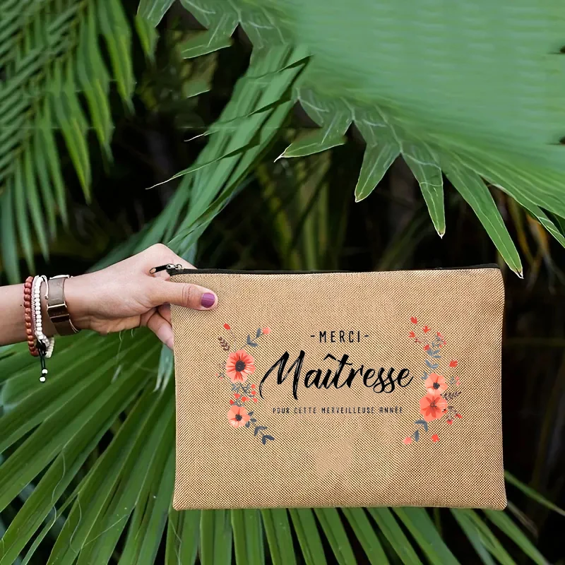 Floral Merci Maîtresse Print Linen Cosmetic Bag Maitresse École Remerciement Pencil Case French Gift for Teacher Appreciation