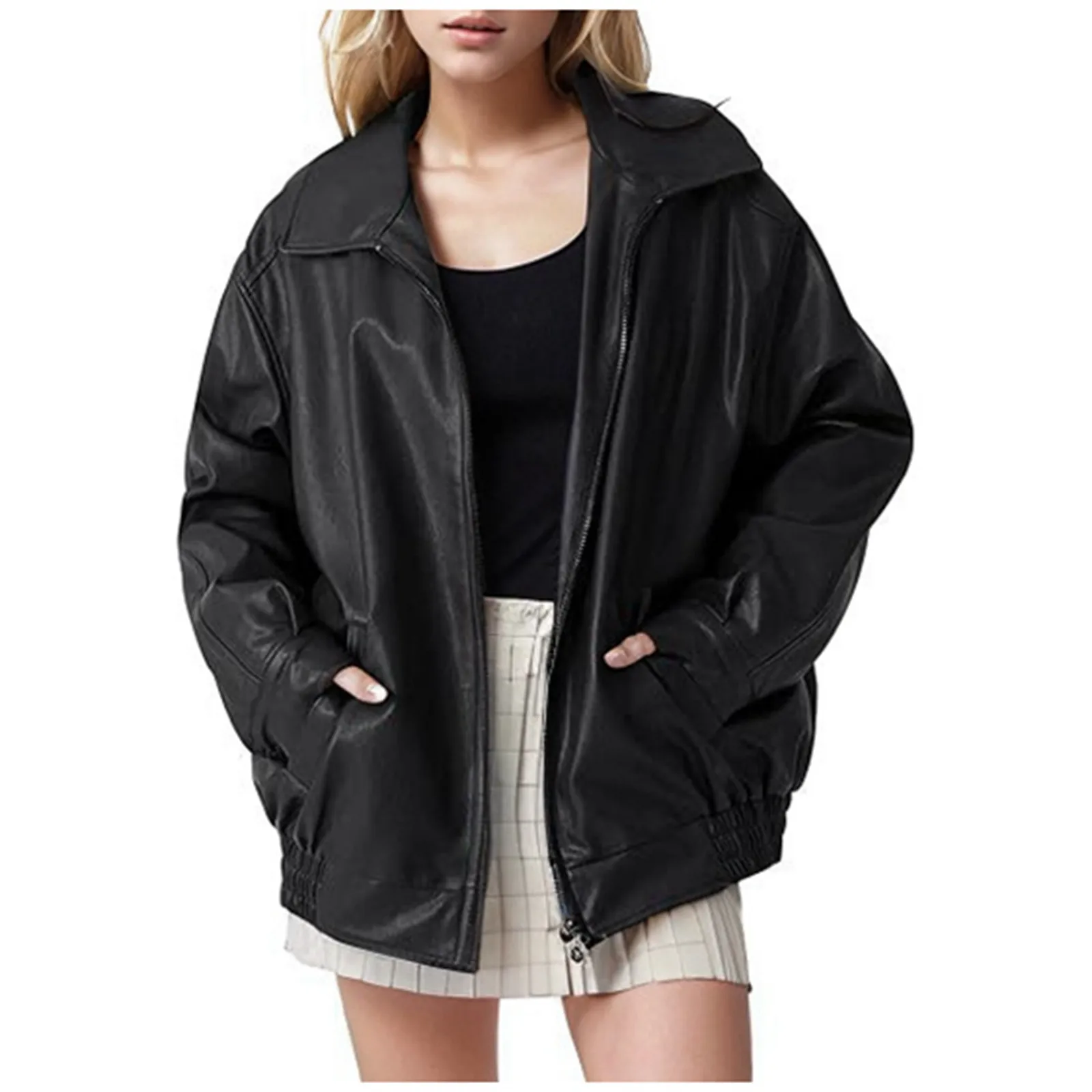 

Pu Leather Jacket Women's Fall Winter Oversize Zip Up Bomber Leather Jacket Solid Color Fashion Biker Outwear For Women Coats