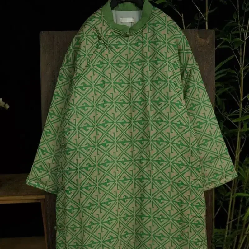 Chaqueta de algodón con hebilla inclinada de ramio para mujer, abrigo Retro de longitud media, ropa de abrigo holgada con estampado verde para invierno