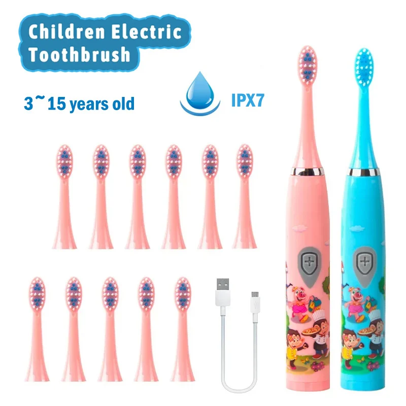 Sonic Children Electric Toothbrush Bright Cartoon With Replacement Heads Ultrasonic Rechargeable Soft Hair Brush Oral Cleaning