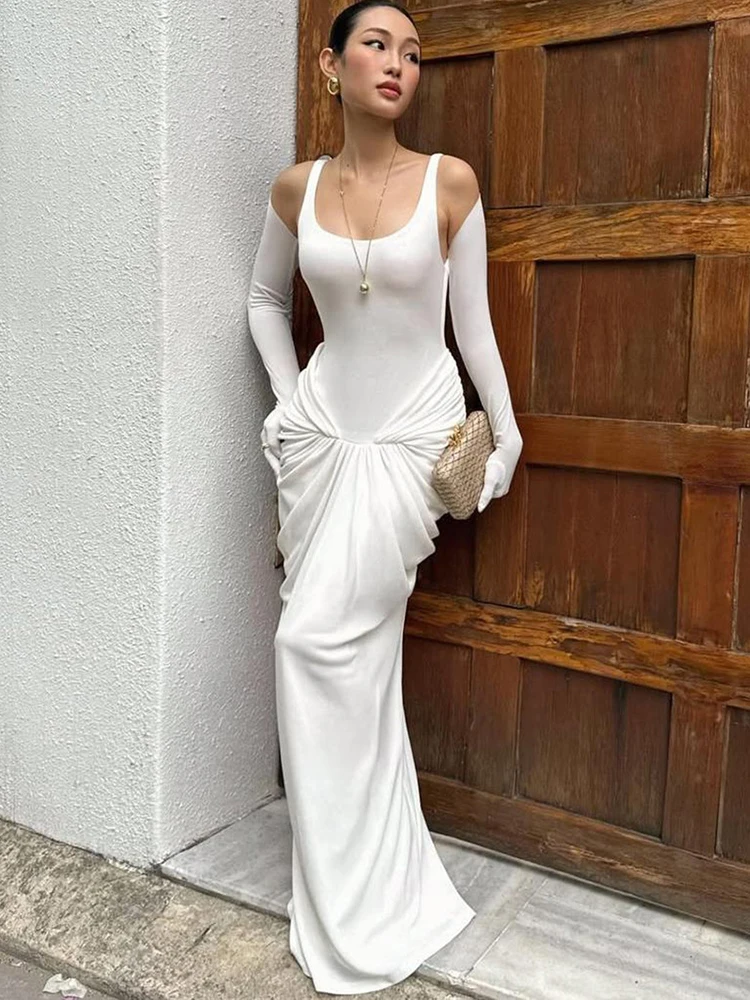 Oniflyme-Vestido largo liso sin mangas para mujer, vestido elegante con cuello en U y Espalda descubierta, vestidos ceñidos fruncidos drapeados, ropa de fiesta de noche Sexy